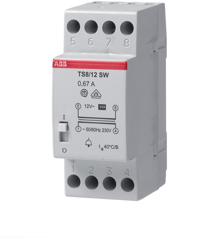 ABB Componenten Beltrafo, inp 230VAC,outp 4-6-8VAC/1A met aan/uit schakelaar - 9iba208098 - 20124319
