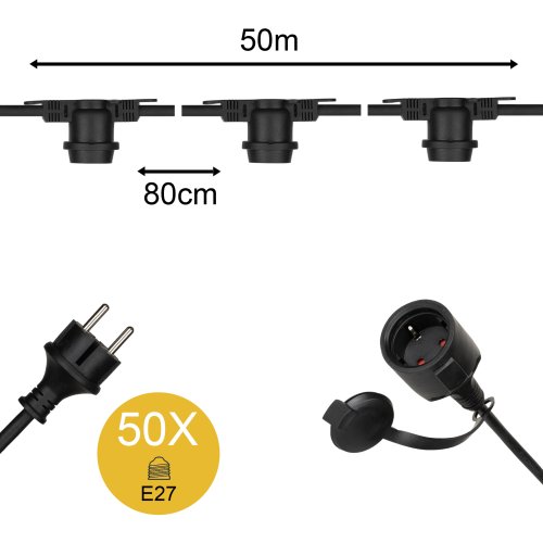 prikkabel 2x1,50 QMM 50m + fittng 50x E27 IP44 - 142611 d - 11009885