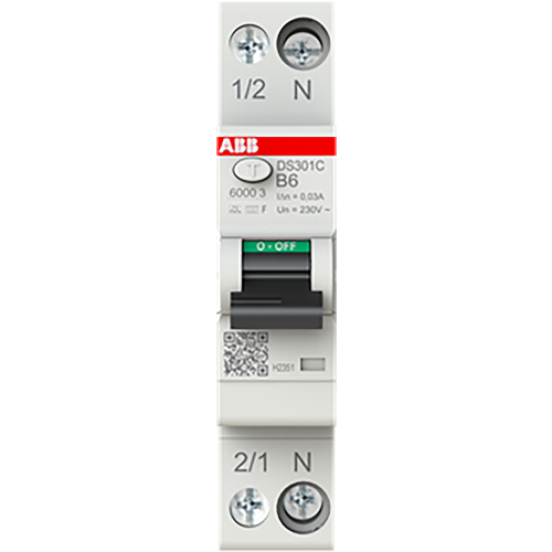 ABB Componenten Aardlekautomaat 1P+N, B Kar. 6 A, 30ma, 6ka, Type F - 9paa00000304307 - 20124800