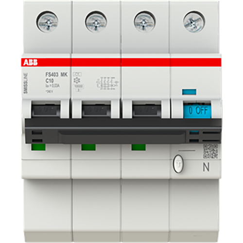 ABB Componenten Aardlekautomaat met overstroombeveiliging C Kar, 10A, 300mA, 10kA 3P+B - 9paa00000308469 - 20112973