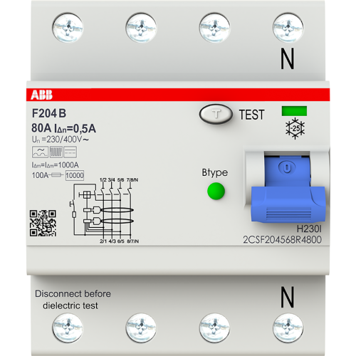 ABB Componenten F204 B-80/0.5 RCCB F200 - 4P - 500 mA - 80 A - Type B - 9paa00000357041 - 20196906