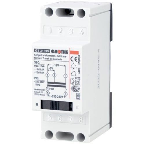 Grothe Beltrafo, 8/12Vac, voor kortstondige bel. reset-functie, afschakelbaar - Productfoto transparant beltrafo gt3139s grothe - 20148403