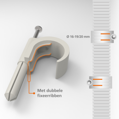 JMV Spijkerbare plugclip, voor flexbuis in beton, 16-19/20mm, grijs - Productfoto transparant flexbuis betonclip jmv 9300610 01 - 20068790