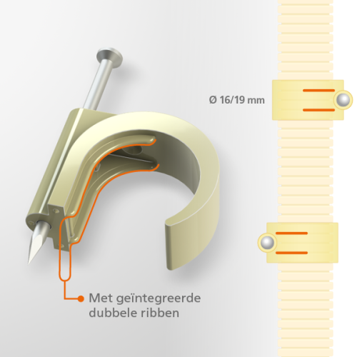 JMV Spijkerclip, halogeenvrij, voor flexbuis 16-19/20mm, cr&egrave;me - Productfoto transparant flexbuis spijkerclip creme jmv - 20068789