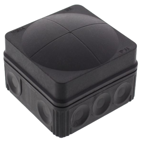 Wiska Kunststof kabeldoos 76x76x51mm, 5-p. klemsteen, zwart - Productfoto transparant kabeldoos leeg zwart wiska - 20149048
