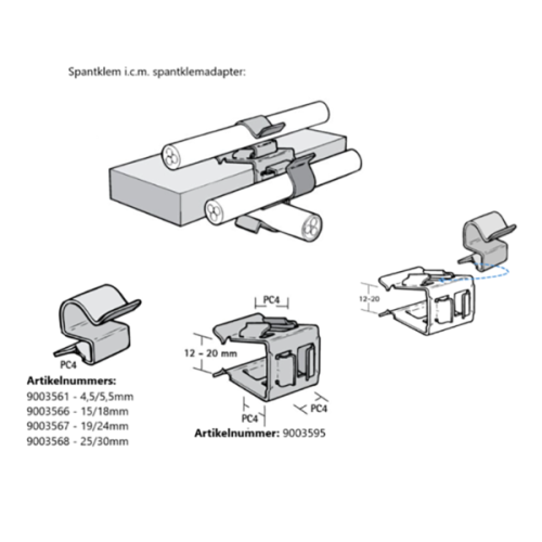 JMV PCC spantklem adapter 12-20mm - Productfoto transparant toepassing spantklem met adapter jmv - 11000414